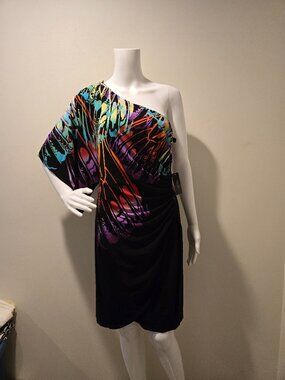NWT Bisou Bisou Multicolored One Shoulder Dress 12